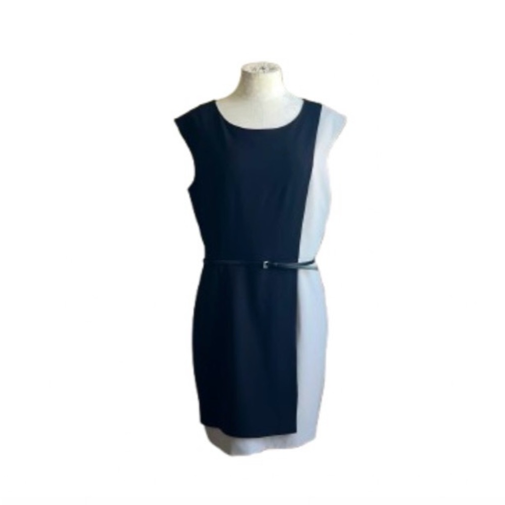 Calvin Klein Black and Cream Colorblock Belted Sheath Dress - Picture 4 of 12